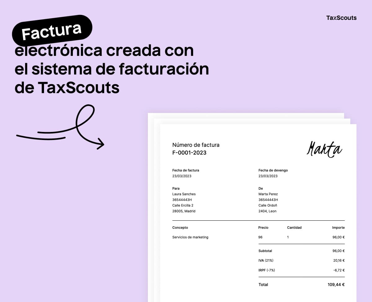 Ejemplo de factura electrónica hecha con el sistema de facturación de TaxScouts