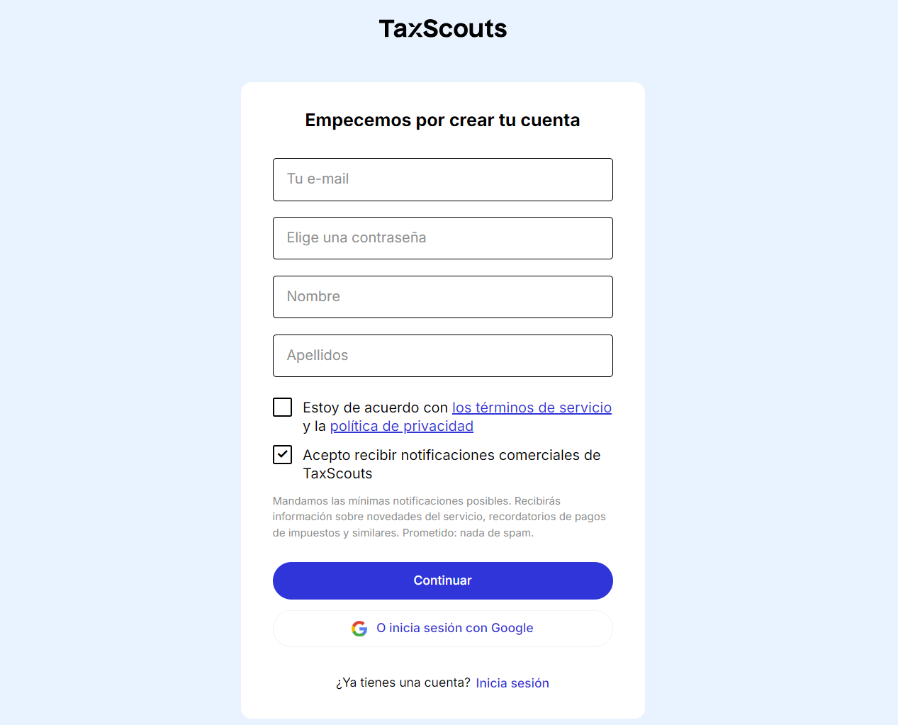 Crear perfil TaxScouts